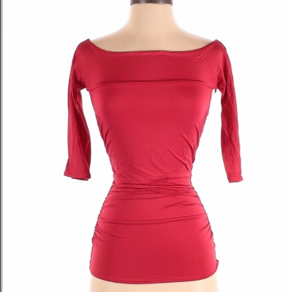 Moda International  Red Silky Top with 3/4 sleeve and Ruched Panels on the back